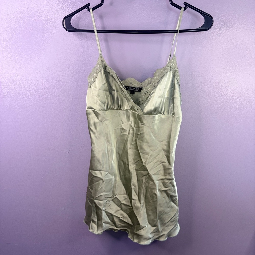 Vintage Rampage Green Satin Babydoll Top Lace Trim Y2K Fairy Whimsigoth Size M